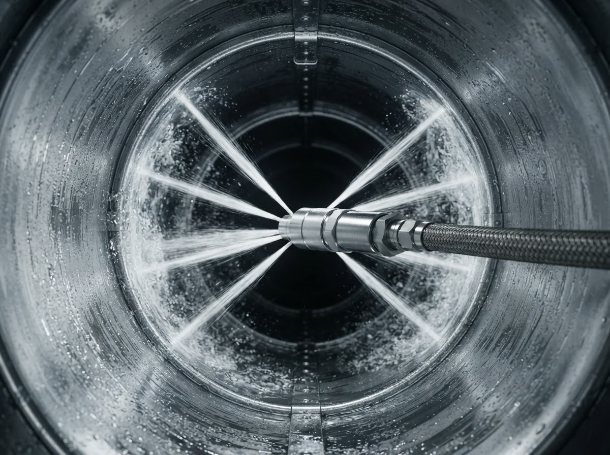 Rotating water jets cleaning the inside wall of a pipe