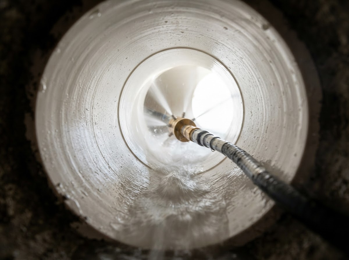 Jetting hose and nozzle inside a clean drain pipe